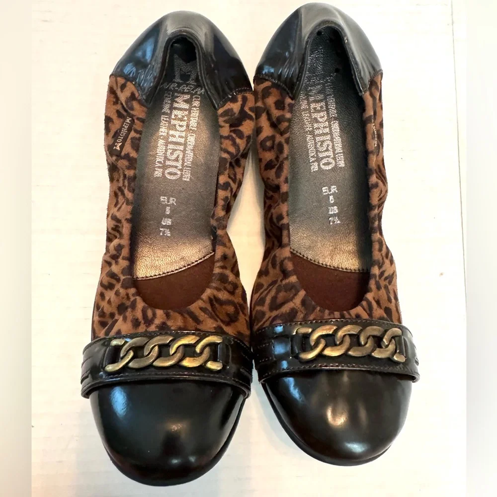 Mephisto Ballet Flats 7.5 Brown Cheetah Leather Cap toe slip ons animal Preppy